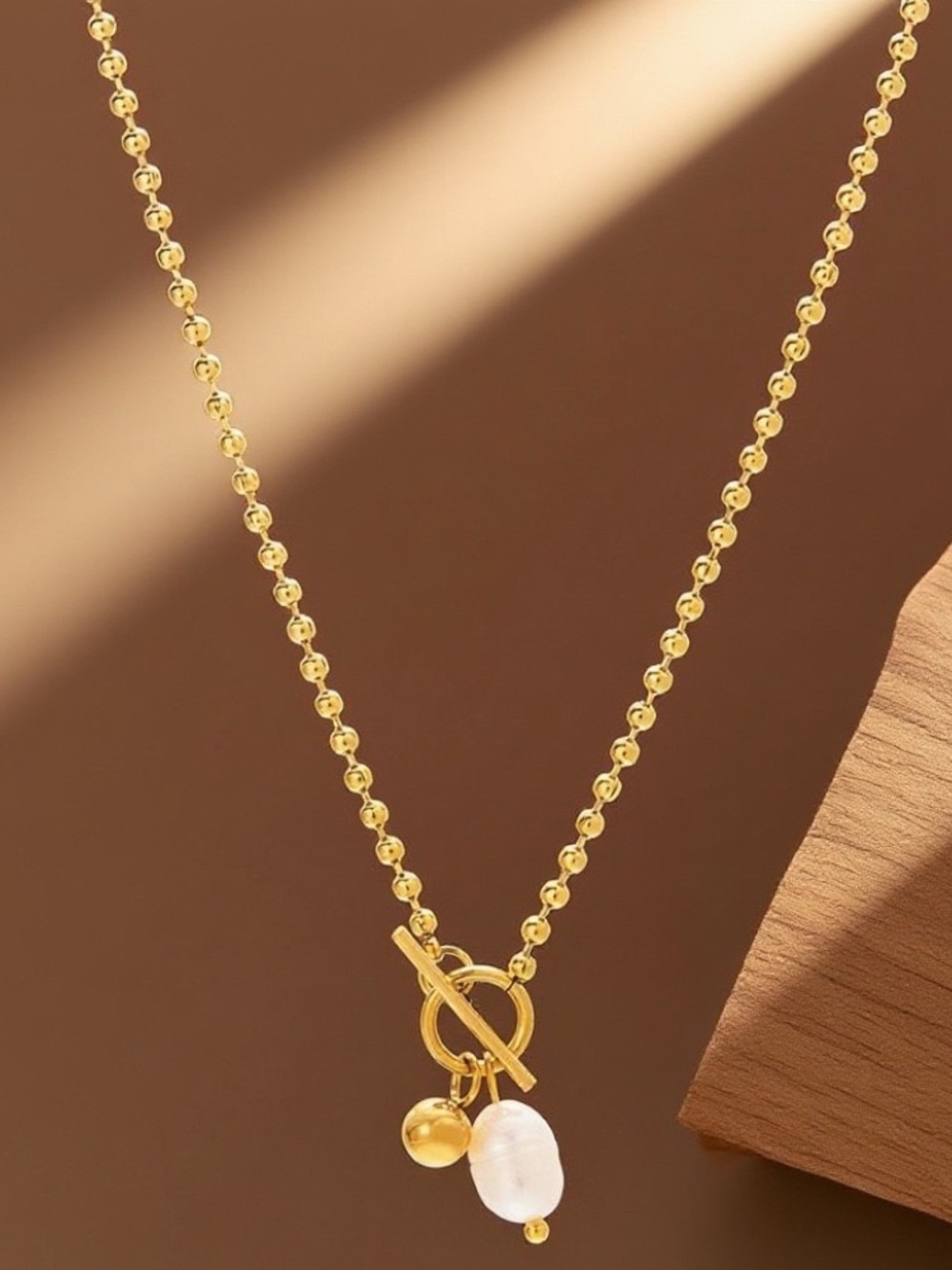 Gold Beaded Pearl Charm Necklace - Women Jewelry Stainless Steel